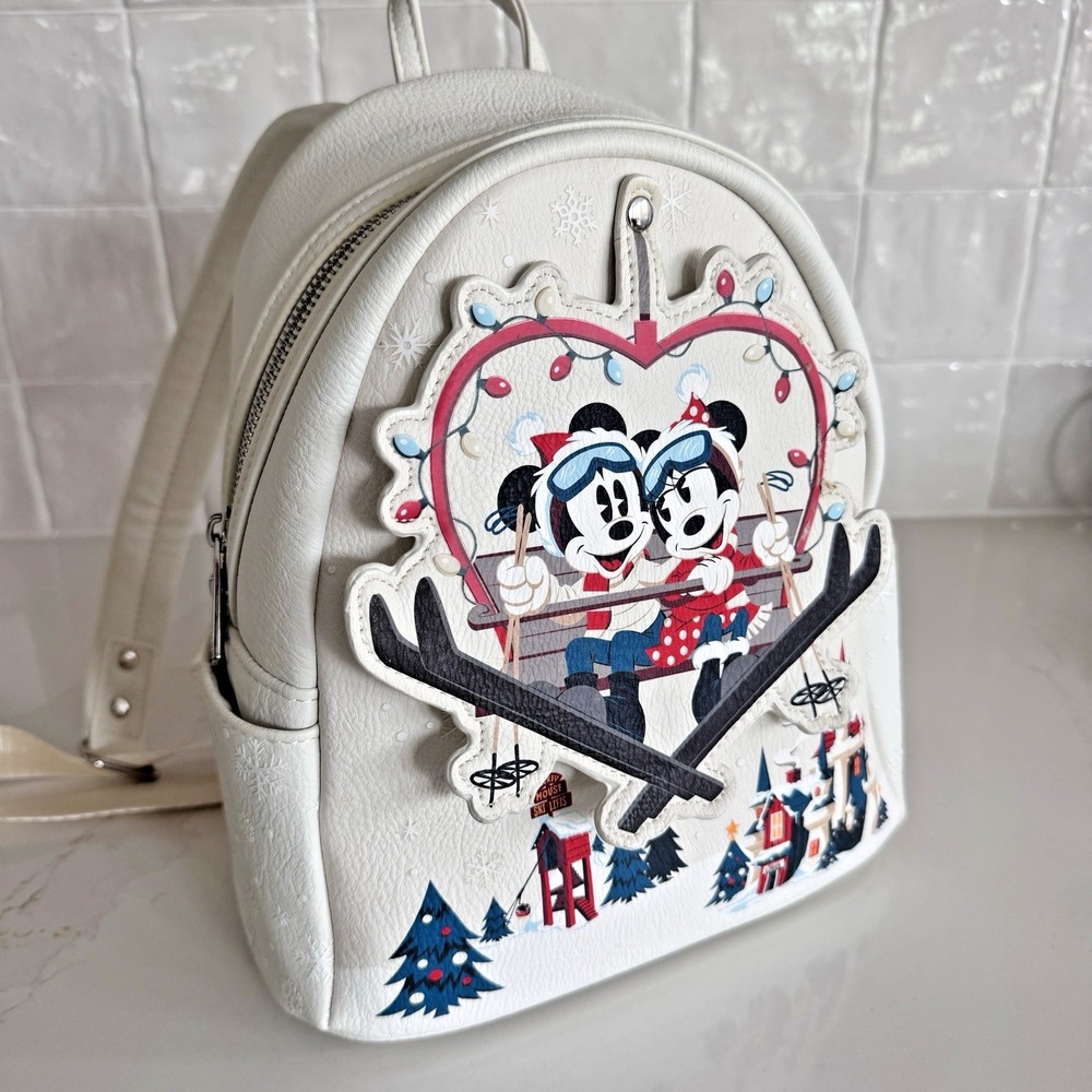 Disney Loungefly Mickey Minnie Ski Lodge Mini Backpack Unisex White Winter